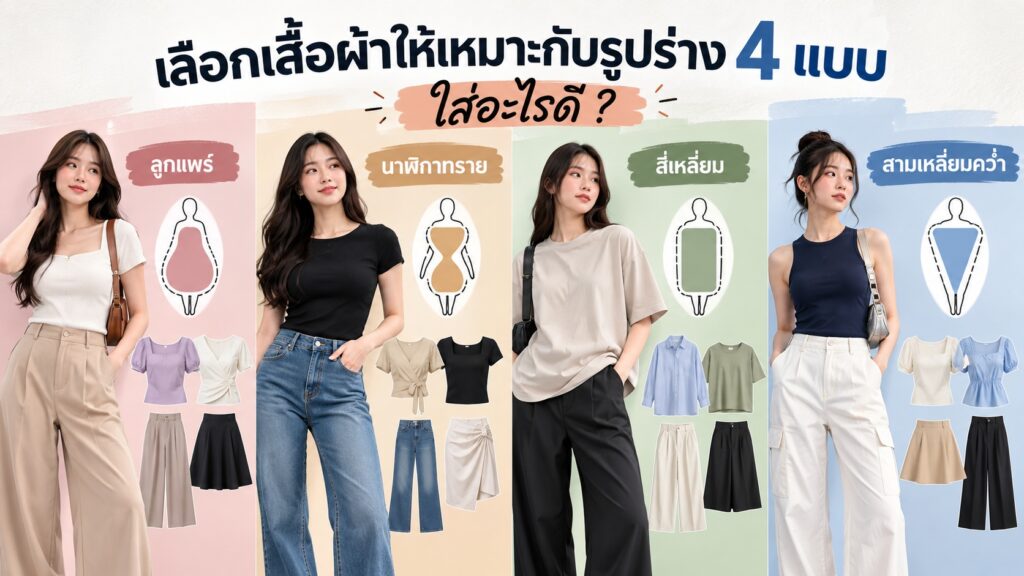 วิธีเลือกเสื้อผ้าให้เหมาะกับรูปร่าง 4 แบบ ลูกแพร์ นาฬิกาทราย สี่เหลี่ยม สามเหลี่ยมคว่ำ